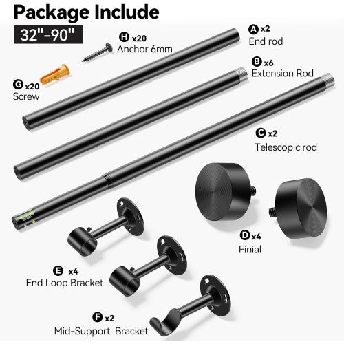 YaFex 2 Pack Heavy Duty Curtain Rods 32-90 Inch, 1 Inch Adjustable Black Curtain Rod for Windows, Long Window Treatment Rods Set with Aluminium Finials, Modern Design