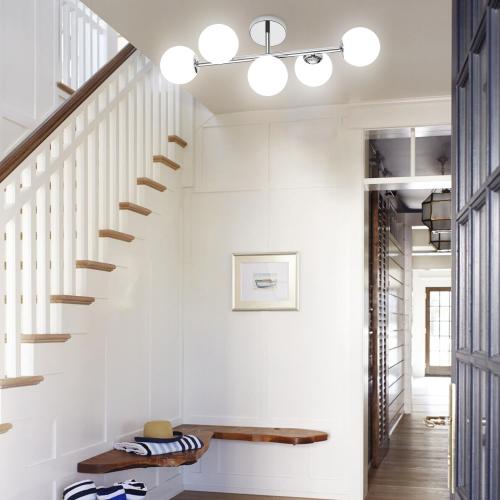 Bathroom Vanity Lights, Mid Century Modern 5-Light Bathroom Light Fixtures, Chrome Bathroom Lights Ceiling Light, Wall Sconces Wall Mount Light Fixtures with Milk Globe Glass, Chrome Finish, G9 Base