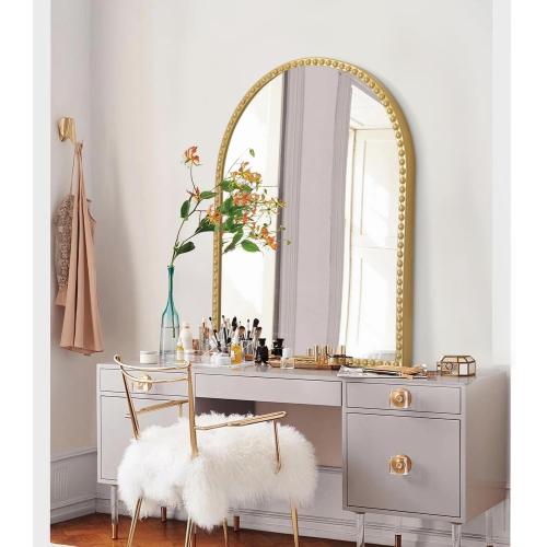Gold Arched Mirrors for Wall, Beaded Framed Metal Accent Wall Mirror Decorative Bathroom Living Room Bedroom Entryway 30x20