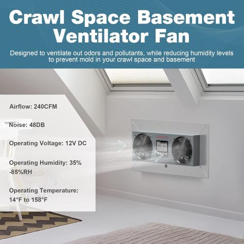 Abestorm Crawlspace Ventilation Fan, Crawl space Ventilator Fan with Humidistat, Temperature Controller, Moisture Reducing, for Crawl Spaces Garage Attic Hydroponics Grow Tents, 240CFM Air-out