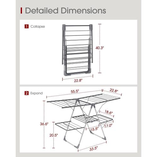 Sakugi Clothes Drying Rack, Foldable 2-Level Laundry Drying Rack with Height-Adjustable Wings, for Clothing & Bedding, Free-Standing Space-Saving Rack, Indoor & Outdoor, 55.5 L × 22.8 W, Gray