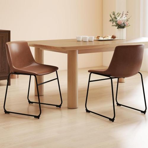 LSSBOUGHT Dining Chairs Set of 2, Mid-Century Modern Dining Room Chair Kitchen Chairs, PU Leather Farmhouse Upholstered Dinner Chair for Kitchen Dining Room,Brown