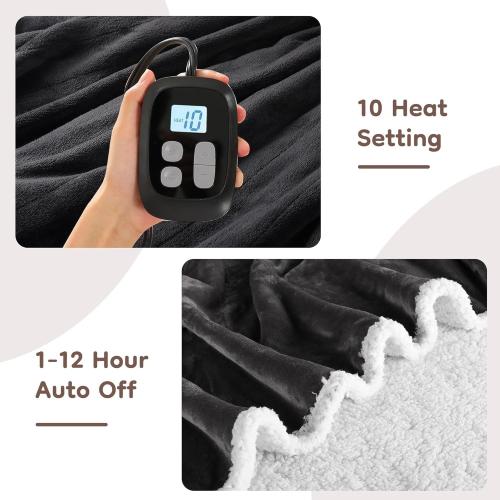 LaffyLo Electric Heated Blanket Twin, Fast Heating Blanket, Dual-Sided Flannel Sherpa, 10 Heat Settings, 1-12 Hour Auto Off, Machine Washable, Dark Grey