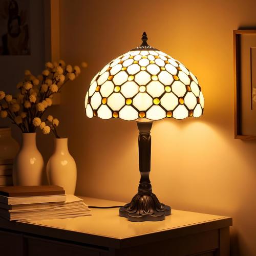 Tiffany Style Stained Glass Lamp with Yellow Beads, 12-Inch Table Lamp – Handcrafted Vintage Accent Light for Living Room, Bedroom, or Office, Includes LED Bulb