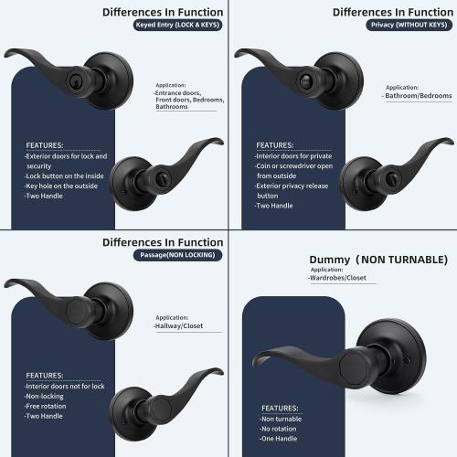 Wave Style Door Lever Passage Door Handle, Keyless Interior Lever Reversible for Left/Right Handed for Hallway and Closet with Matte Black Finish, 1 Pack