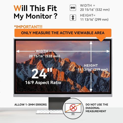 [2 Pack] 24 Inch Computer Privacy Screen for 16:9 Aspect Ratio Widescreen Monitor, Eye Protection Anti Glare Blue Light Computer Monitor Privacy Filter, Removable Anti-Scratch 24in Protector Film