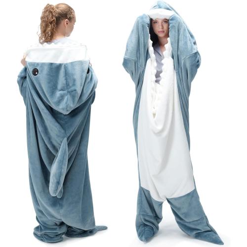 Touchat Shark Blanket Onesie for Adult Super Soft Cozy Flannel Throw Wearable Blankets Hoodie, Cartoon Animals, Sleeping Bag Cosplay Shark Costume Blanket Gifts for Sharks Lovers (Blue,M)