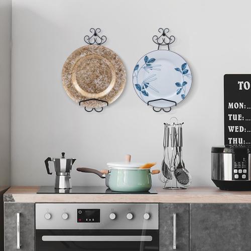 MyGift Set of 2 Vertical Hanging Collectible Plate Holders, Wall Mounted Matte Black Metal Wire Vintage Scrollwork Display Racks, Holds 8 to 11 Inch Plates