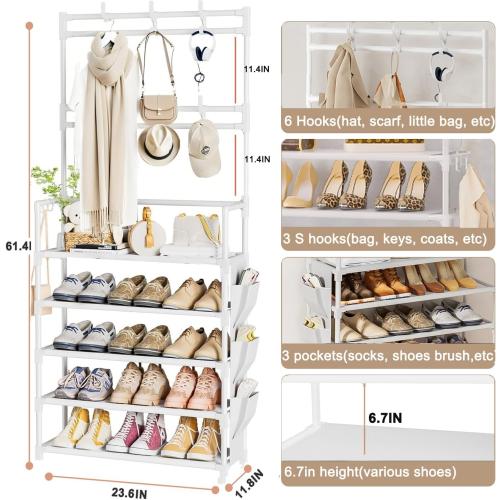WHITE Shoe Rack 5 Tier Shoe Organizer Storage 15-20 Pairs Shoes Rack for Closet Entrance Shoe Rack Organizer with Hooks and Side Pocket Entryway Shoe Holder Space Saving Free Standing Shoe Racks