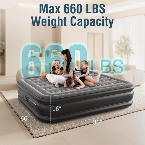 Black and Grey Air Mattress Queen with Built in Pump Inflatable Mattress with Soft Flocked Top & Carry Bag Adjustable Blow Up Mattress Portable Air Bed for Guest Indoor