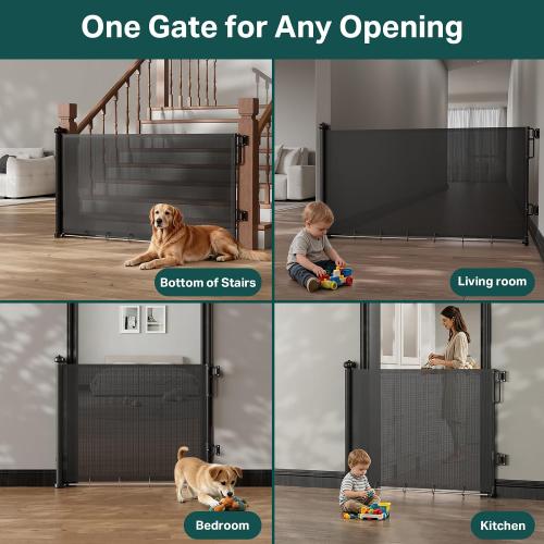 Cumbor 27-40 Retractable Baby Gates for Stairs & Doorways, Indoor Outdoor | Hardware Mounted Mesh Dog & Pet Gate, Easy Walk Through, One-Hand Operation, Anti-Crawl Adjustable Safety Gate for Dog, Black