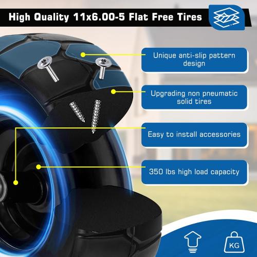 BLACK 11x6.00-5 Flat Free Tire,2 Pack 11x6.00-5 Tires for Zero Turn Mower With 3/4 & 5/8 or 1/2” Bearing,6-8 Centered Hub,11x6-5 Lawn Mower Tires Flat Free,Load 400lbs