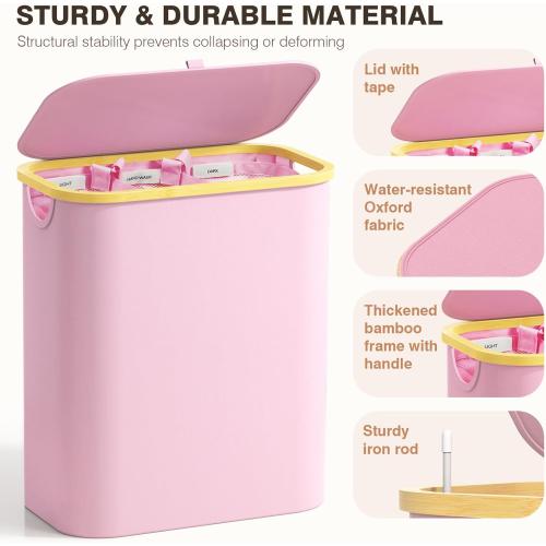 Hampers for Laundry Basket with Lid,  Extra Large 3 Section Clothes Divided Organizer for Bedroom, Laundry Room, Dirty Clothing Hamper, Pink