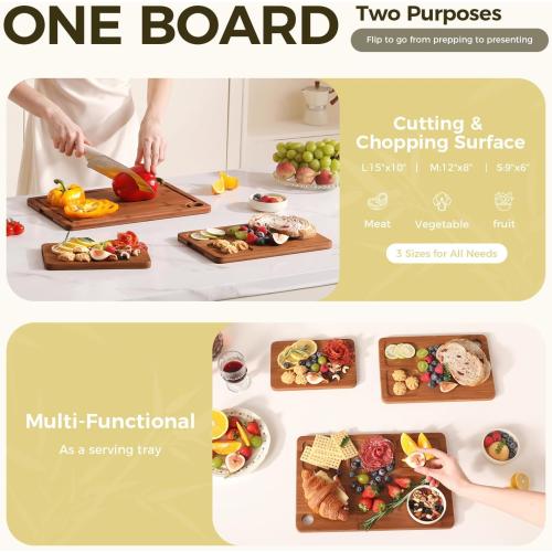 Bamboo Cutting Board for Kitchen, 3-Piece Set with Juice Grooves, Side Handles & Non-Slip Mats – Durable Bamboo Chopping Board for Meat, Vegetables and Fruits