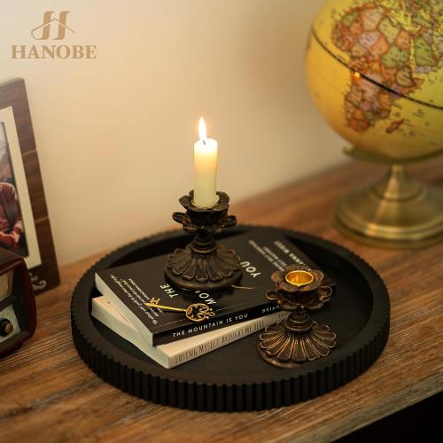 Hanobe Black Decorative Coffee Table Tray, Scalloped Edge | 12 round wood centerpiece tray, ideal for living room, entryway table, kitchen island, fits modern decor.