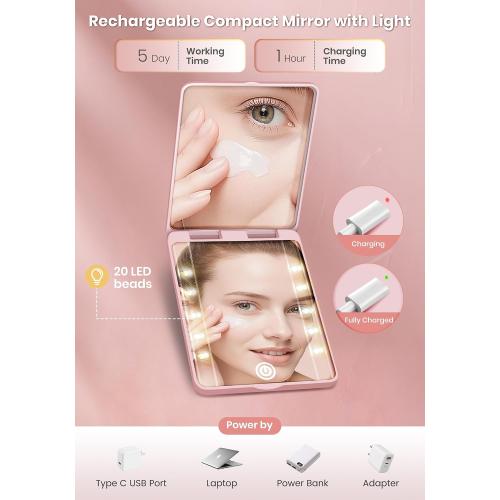 Compact Mirror, Rechargeable Magnifying Makeup Mirror with Light 30X Pink