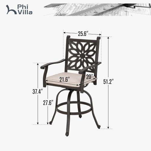 Outdoor Swivel Bar Stools Set of 2, Cast Aluminum Patio Bar Height Chairs with Seat Cushion, All-Weather Bar Dining Chairs Metal Bistro Chairs
