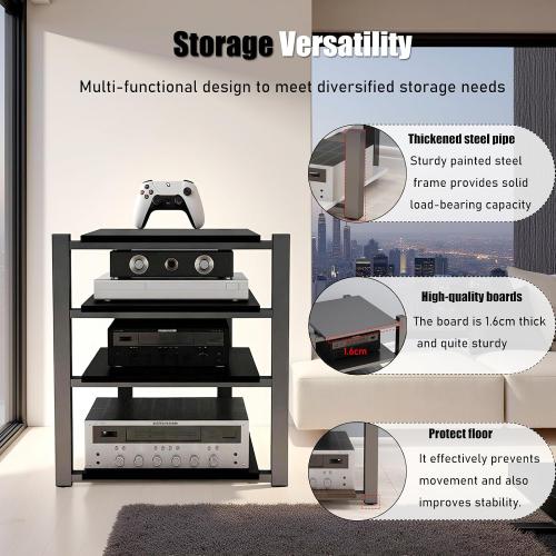 Heavy Duty Audio Rack Tower, Av Media Player Stand with Wooden Shelves, Black Cd Stereo Equipment Cabinet, Suitable for Home,Office/Audio Video/Theate (Black, 2 Tier)
