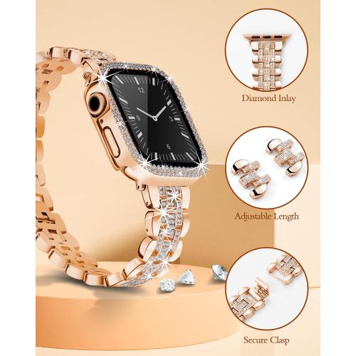 Compatible with Apple Watch Band 40mm for Women, Bling Bands Diamond Jewelry Replacement Metal Wristband Strap Shiny Bracelet with Crystal Protector Casefor iWatch Series SE/6/5/4