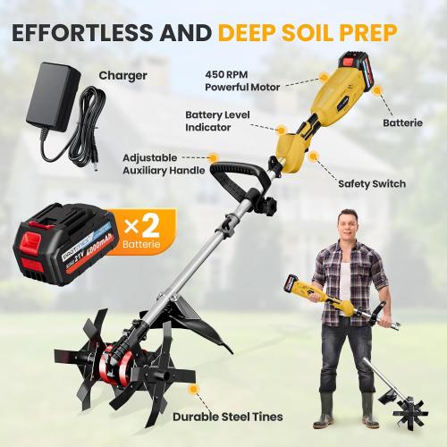 Cordless Tiller Cultivator, 21V 450RPM Electric Tiller with Battery Level Display, 2 * 4.0Ah Batteries & Charger, Tiller for Gardening, Lawn, Soil (Cultivation Width 10/ Depth 9)