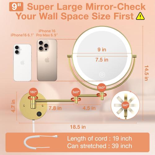 9 Wall Mounted LED Makeup Mirror, 1X/10X Magnifying Mirror Corded, Gold | Large Size, Plug-in, Not Battery Operated, 2-Sided Vanity Mirror, Extended Arm, 3 Color Lights, 360° Swivel, Touch Dimmable