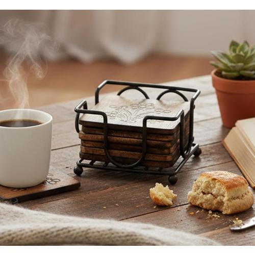 StonKraft Wooden Tea Coffee Coasters/Rustic Vintage Look Coasters Set with Wrought Iron Holder