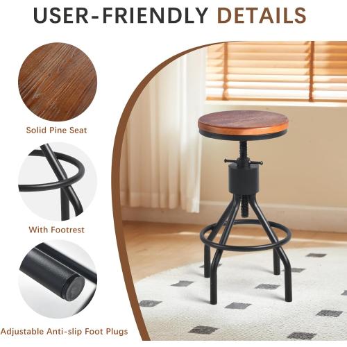 Industrial Bar Stool-Set of 2-Swivel Counter Coffee Chair-Extra Pub Height Adjustable 22-33 inch