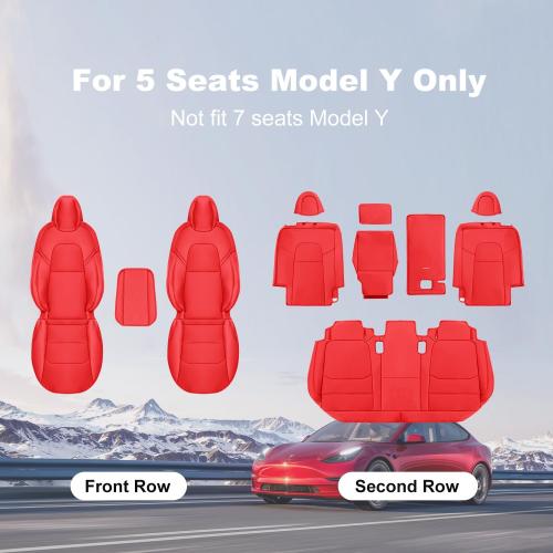 Tesla Model Y Car Seat Covers Nappa Leather Car Interior Seat Airbag Compatible Cushion Cover Full Set Custom Fit 2024 2023 2022 2021 2020, Nappa Bright Red