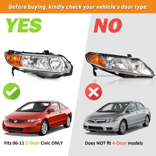 for 2006-2011 Honda Civic 2-Door Coupe Headlight Assembly Pair Headlamp Chrome Housing Amber Reflector Left Right Side