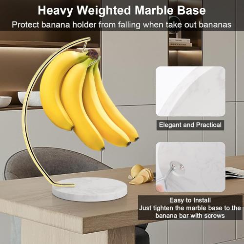 Livabber Banana Holder with Marble Base, Metal Banana Hanger Modern Tree Stand with Hook, Stylish Banana Keeper Fresh Fruit Storage Organizer Freestanding for Kitchen Countertop (Gold, Single Hook)