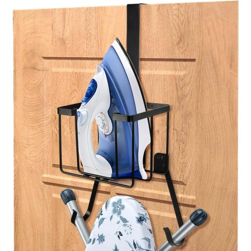 ORLESS Over The Door/Wall Mount Ironing Board Hanger, Laundry Room Iron and Ironing Caddy Board Storage Holder, Black