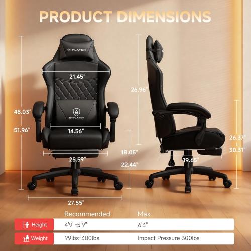 GTPLAYER Gaming Chair, High Back Leather Computer Game Chair with Footrest, Ergonomic Height Adjustable Office Chair with Removable Cover and Lumbar Support for Gaming and Work (Black)