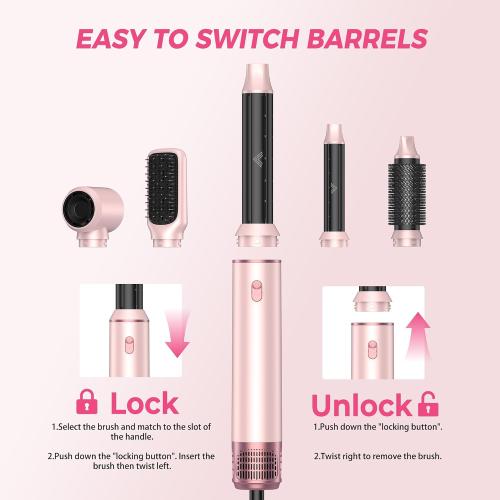 5 in 1 Hair Dryer Brush Set, Detachable Hot Air Styler, Blow Dryer Brush, 3 Heat Settings Auto Curling Wrap Styler, Ionic Hair Styling Tools - Straighten Curl Dry Volumize Smooth (Pink)