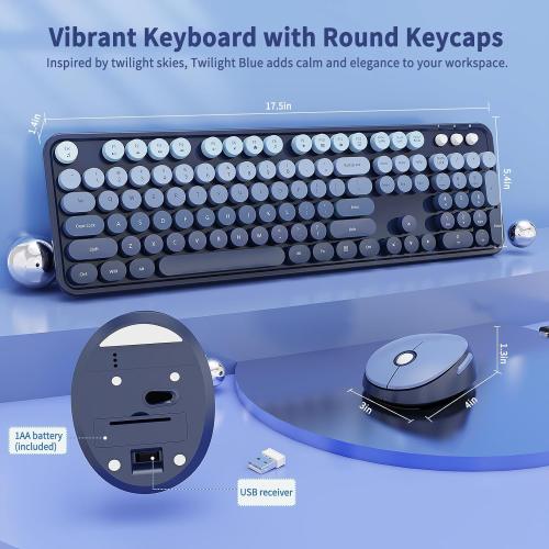 Nowlike Wireless Keyboard and Mouse Combo, Retro Typewriter Keyboard with Round Keycaps, Full-Size Ergonomic, Blue, Ideal for Windows PC, Home, Office, and College, Wireless Keyboard Mouse Combo