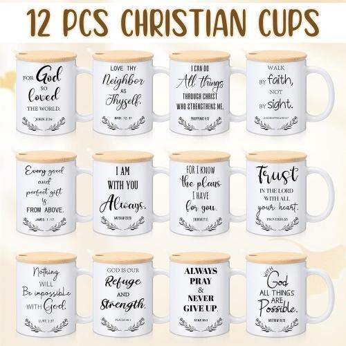 12 Sets Christian Gifts Bulk Religious Mugs 12oz Bible Verses Ceramic Coffee Cup with Lid Handle Spoon Inspirational Mug Church Gift for Coworker Employee Staff(Christian)