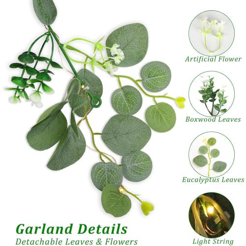 N&T NIETING 1 Pack Artificial Eucalyptus Garland with Lights, 6FT Artificial Greenery Garlands, Battery Operated Twig Vine for Room Stairs Mantle Wedding Holiday Easter Decoration Indoor Outdoor