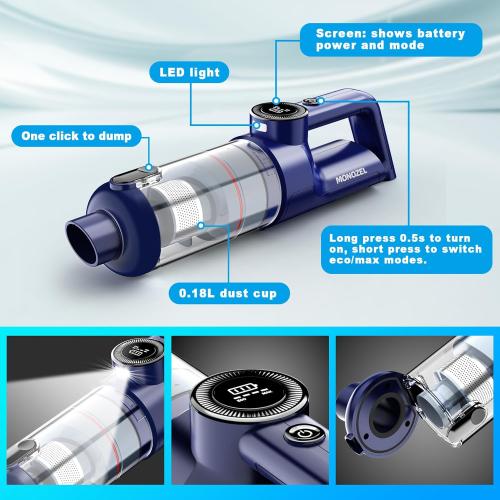 Handheld Vacuum Cordless - Car Vacuum Cleaner with Brushless Motor, 15000Pa Strong Suction with LED Light, Type C Cable, 2 Fliters, Portable Hand Vacuum for Home, Pet and Car