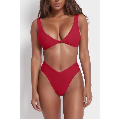 Size M...geluboao Bikini Set for Women Solid V Neck Knot Front Push Up High Leg Thong Two Piece Swimsuit