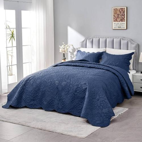 Oversized King Bedspreads 128x120 Extra Wide Quilt for Tall King California King Bed Lightweight 3 Piece Quilted Coverlet Pillow Shams Set Navy
