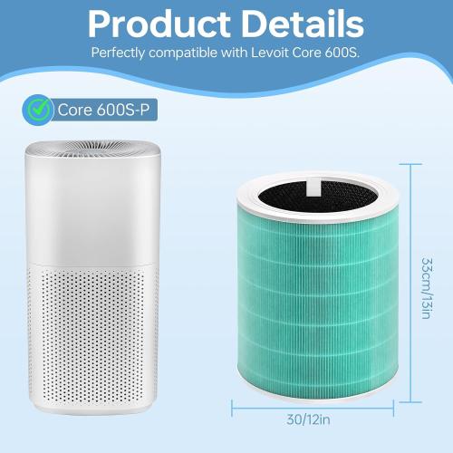 Set of 2 Core 600S Replacement Filter Compatible With Levoit Core 600s, 3-In-1 High-Efficiency Filter And Activated Carbon Filter, Part#Core 600S-Rf for Home Dust/Smoke Odors/Pet Dander Removing, 2Pack, Green