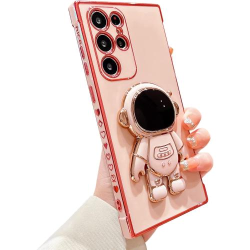 Phone Case for Samsung Galaxy S24 Ultra 6.8 Luxury Plating Astronaut Stand Holder Phone Case with Cute Love Heart Side Small Pattern Soft Silicone Shockproof Kickstand Cover Bumper (Pink)