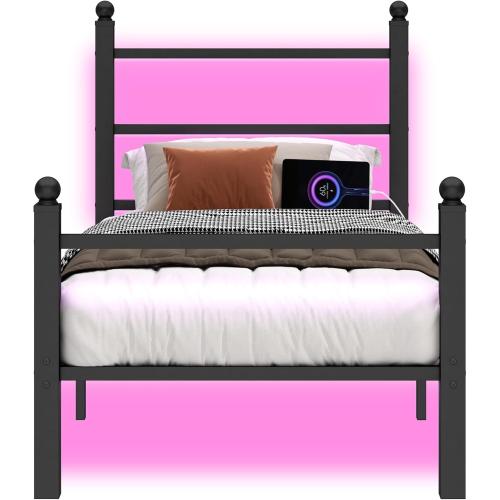 Twin Bed Frame with Headboard and Footboard,Steel Slats Support-LED Bed Frame with USB Charging Station,Mattress Foundation-Under Bed Storage,No Box Spring Needed,Noise Free,Black