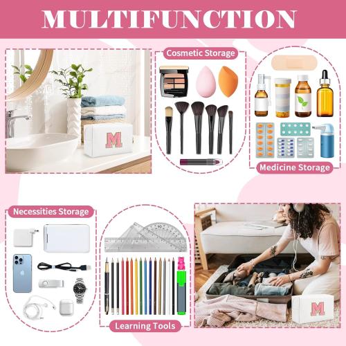 Personalized Makeup Bag Initial A-Z Preppy Patch Bag,Small PU Leather Travel Cosmetic Bag Pouch with Zipper,White Cute Toiletry Bag,Gift Ideal for Teen Girls Women Birthday Friend Mom,Letter M