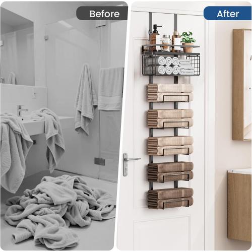 Aetyord Towel Racks for Bathroom Over The Door Towel Racks Towel Storage Organizer with Metal Shelf Basket for Bathroom Rv Camper (7-Tier Black)