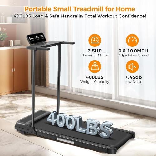 Portable Foldable Treadmill with Handle Bar Walking Pads for Home | 3.5HP Electric Mini Treadmill with Handle Bar for Home Small, 0.6-10.0MPH Walking Pad Treadmill for Home Exercising, 400LBS