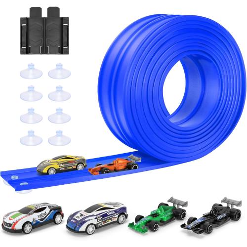 KETIEE Flex Tracks 16Ft for Kids: Flexible Race Car Ramp Track with 4 Small Racecars and 8 Suction Cups Compatible with Diecast 1/64th Cars, Rolls Up Portable Racetrack for Ages 3 & Up