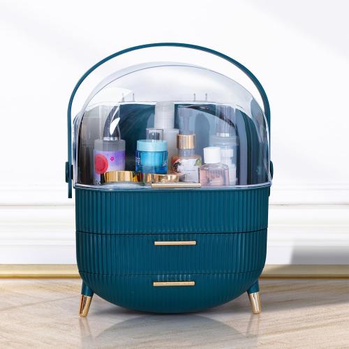 Color Green Makeup Cosmetic Organizer Box with Drawer Storage - Plastic Oval Storage Organizer with Turn Lock, Large Capacity for Women’s Skincare and Beauty Products (Green)