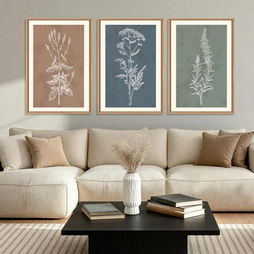 HLNIUC Neutral Botanical Framed Wall Art Set, Boho Minimalist Plant Canvas Wall Decor, Vintage Leaf Wall Painting, Nature Floral Silhouette Art Print for Bedroom, Living Room, Study - 16”x24”x3