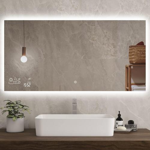 BYECOLD 48”x24” Smart Bathroom Mirror Wi-Fi Enabled Weather Display, Anti-Fog LED Light Vanity Mirror Backlit Frameless Lighted Touch Sensor Makeup for Wall - Horizontally Hang Only