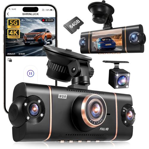 4 Channel Dash Cam 360° View Front Rear Inside & Left Right,4K 1080P*3 FHD Car Camera,5G WiFi & APP Control,8 IR Lamps Night Vision, G-Sensor, 24H Parking Mode, with a Free 64GB SD Card